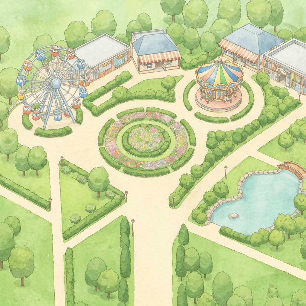 A top-down watercolor park map with a charted walking route: the crew arrives, splits at the roundabout so tall riders walk to the ferris wheel and a parent takes the little ones to the carousel, then meets back together.